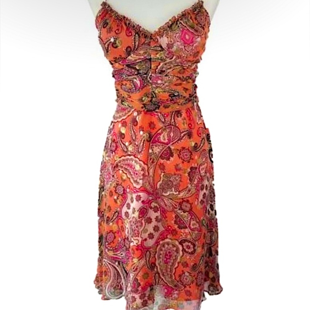 **EUC/LIKE NEW** MUSE, Vintage Orange Silk Cocktail Dress W/ Gold Paisley Print